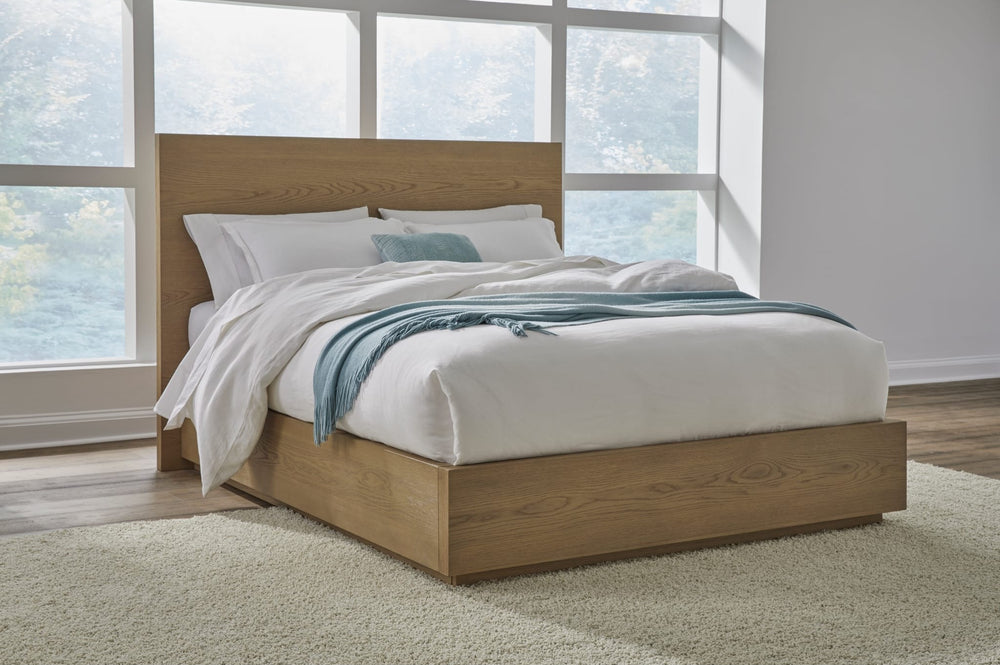 One Coastal Platform Bed in Bisque styled in a bedroom