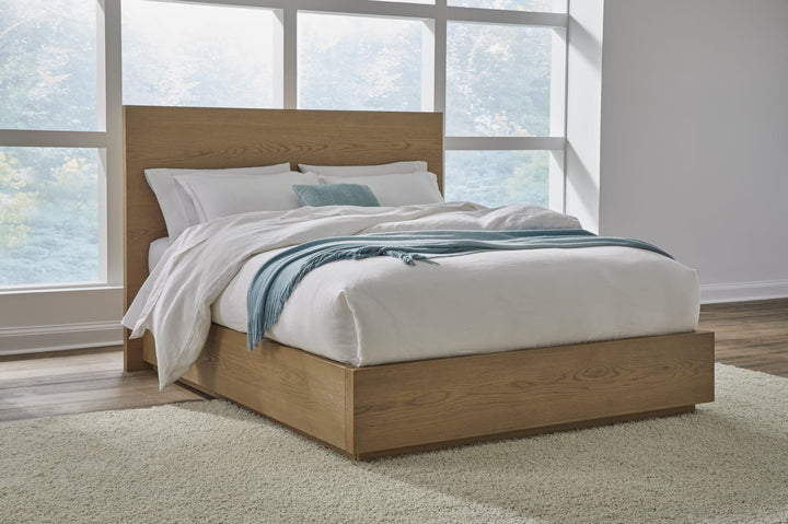 One Coastal Platform Bed in Bisque styled in a bedroom