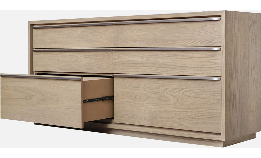 One Coastal Six Drawer Dresser in Bisque — with drawers open