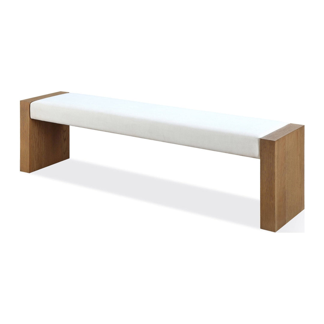 One Coastal Slab Leg Upholstered Dining Bench by Modus in White Oak and White Pearl — product view on a white background