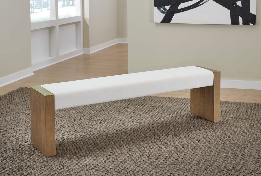 One Coastal Slab Leg Upholstered Dining Bench in White Oak and White Pearl — lifestyle photo