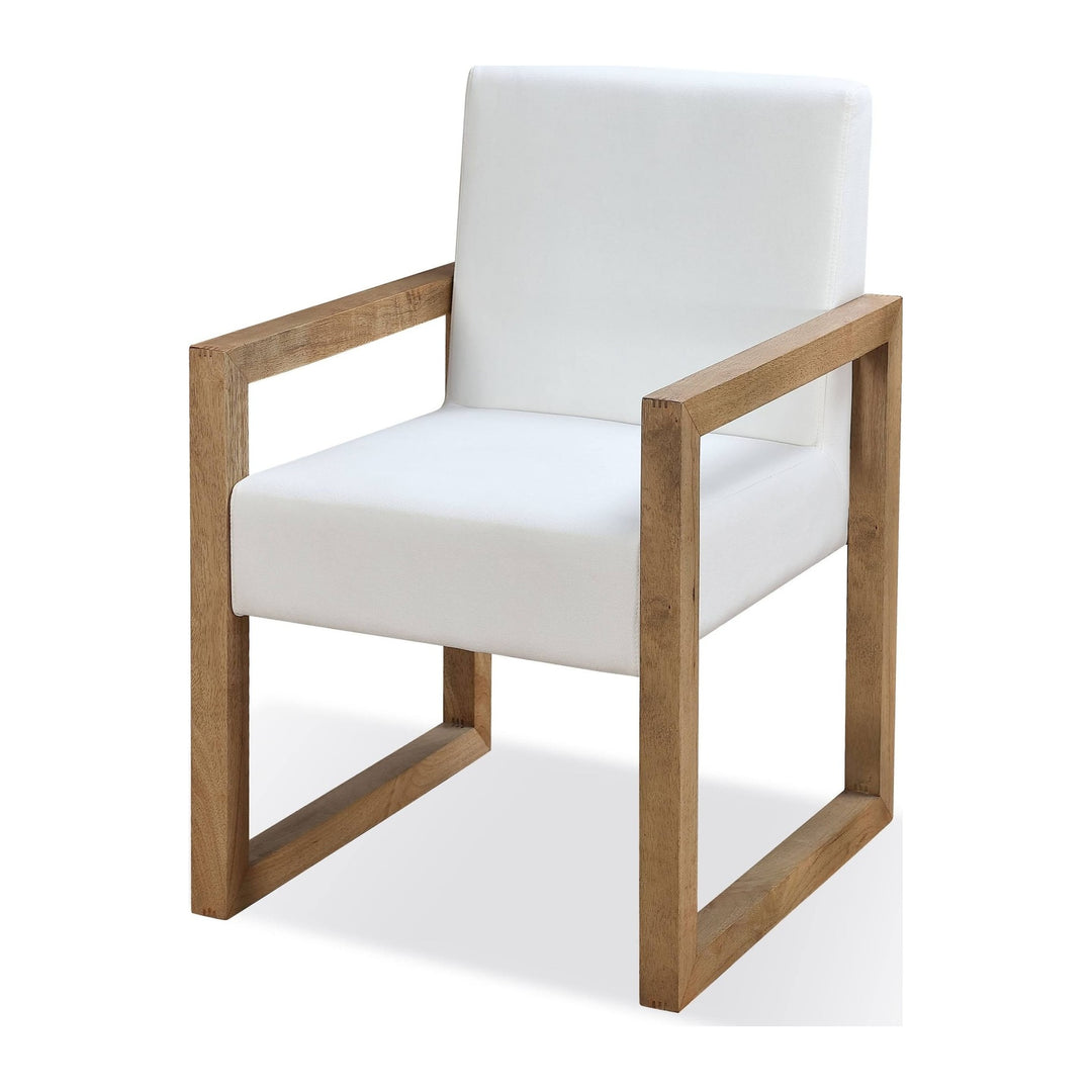One Coastal Sled Leg Upholstered Dining Arm Chair by Modus in White Pearl and Bisque — product view on a white background