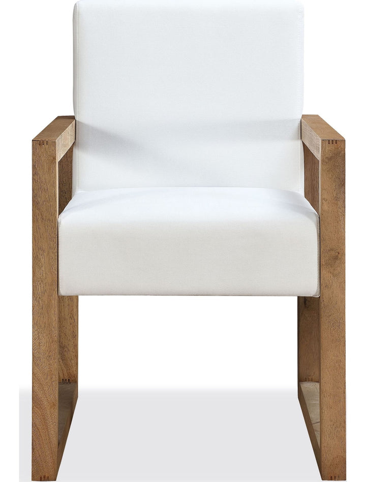 One Coastal Sled Leg Upholstered Dining Arm Chair in White Pearl and Bisque — product view on a white background