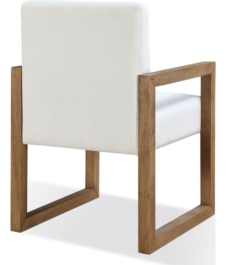 One Coastal Sled Leg Upholstered Dining Arm Chair in White Pearl and Bisque — product view on a white background