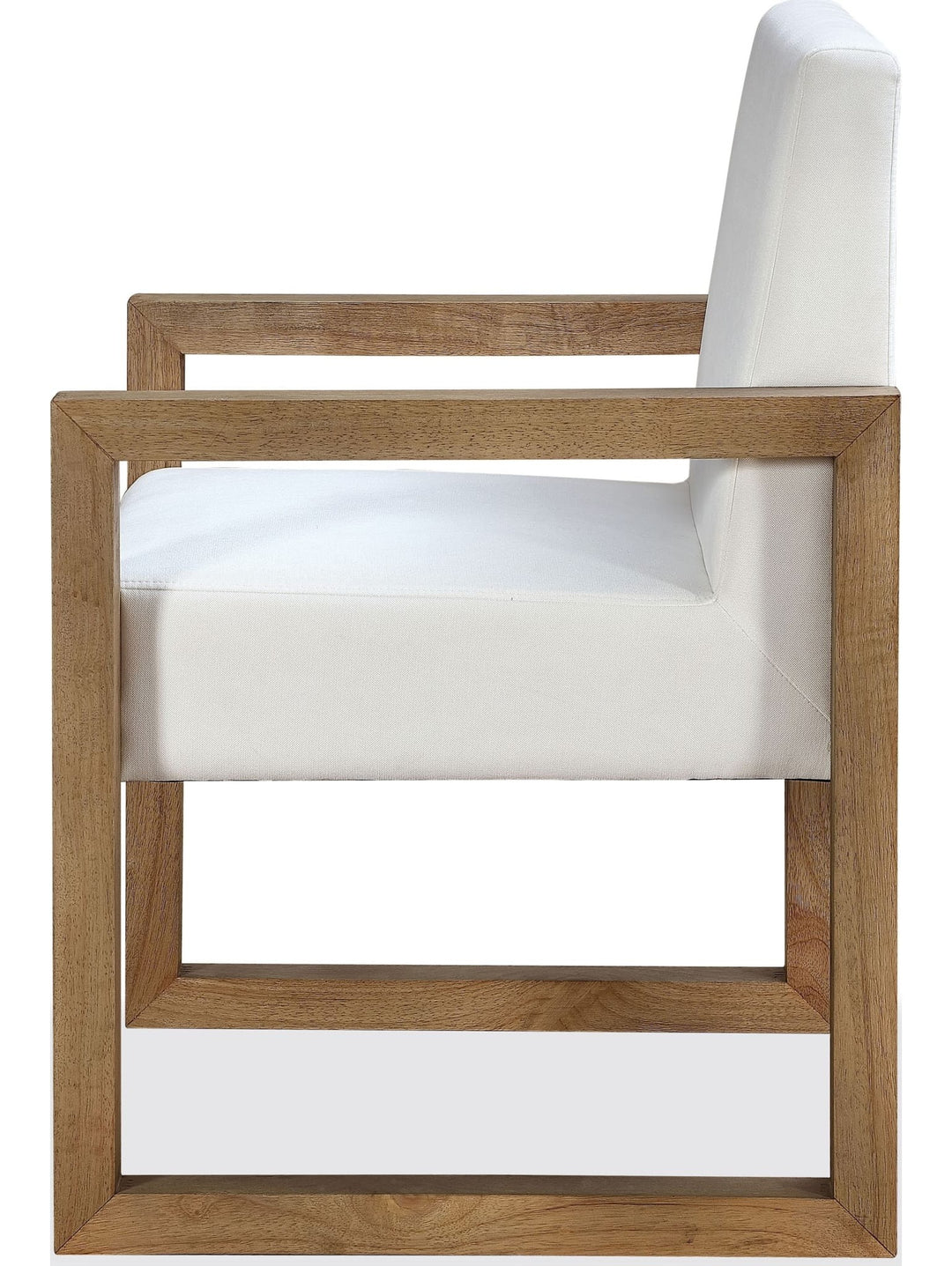 One Coastal Sled Leg Upholstered Dining Arm Chair in White Pearl and Bisque — product view on a white background