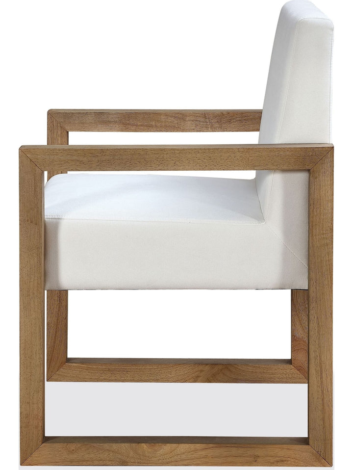 One Coastal Sled Leg Upholstered Dining Arm Chair in White Pearl and Bisque — product view on a white background