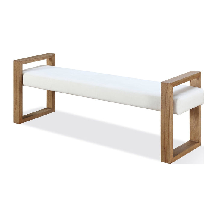 One Coastal Sled Leg Upholstered Dining Bench by Modus in White Pearl and Bisque — product view on a white background