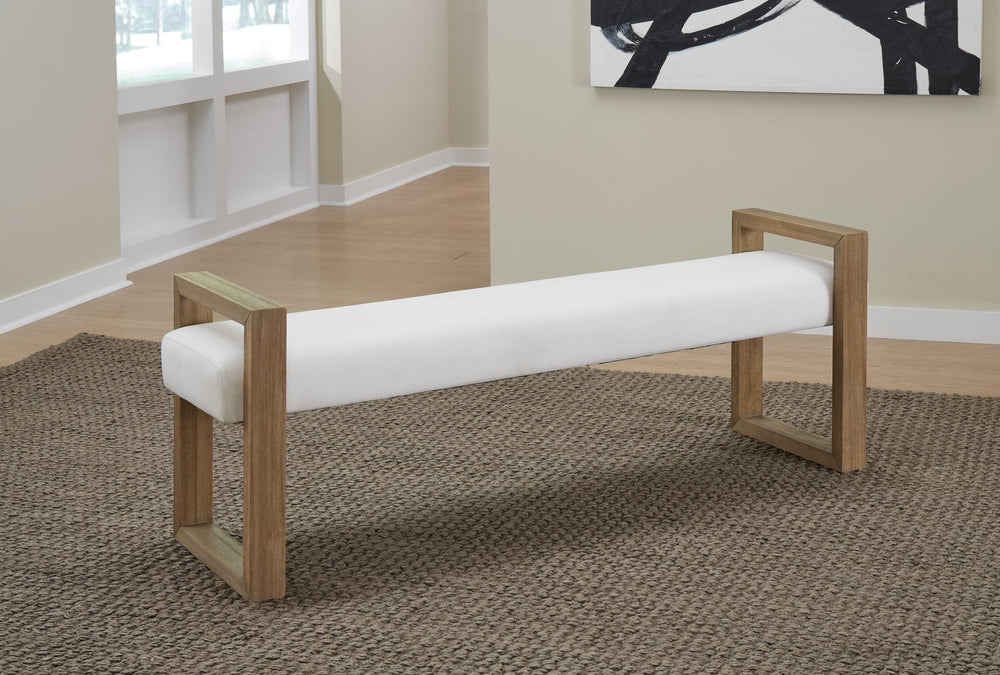 One Coastal Sled Leg Upholstered Dining Bench in White Pearl and Bisque — lifestyle photo