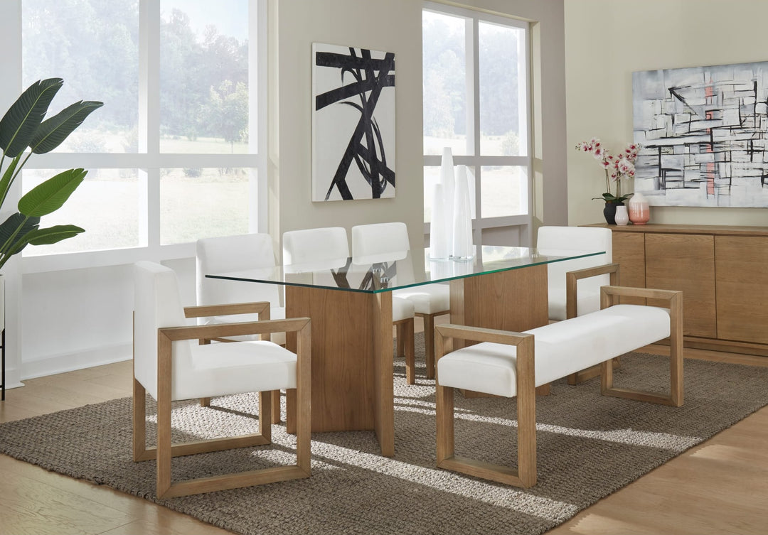 One Coastal Sled Leg Upholstered Dining Bench in White Pearl and Bisque — lifestyle photo
