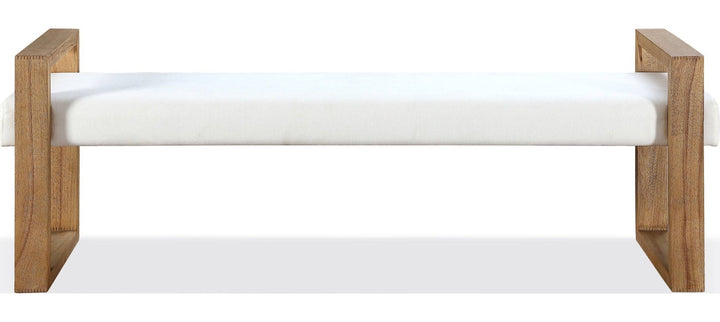 One Coastal Sled Leg Upholstered Dining Bench in White Pearl and Bisque — product view on a white background