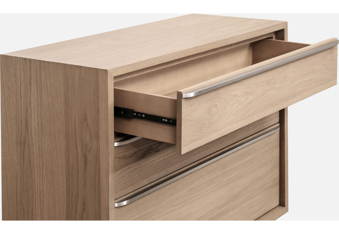 One Coastal Three Drawer USB-Charging Nightstand in Bisque — with drawers open
