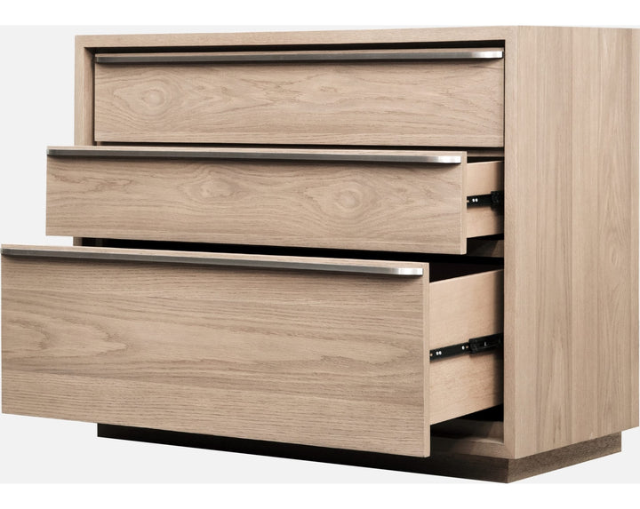 One Coastal Three Drawer USB-Charging Nightstand in Bisque — with drawers open