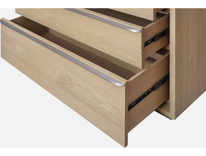 One Coastal Three Drawer USB-Charging Nightstand in Bisque — with drawers open