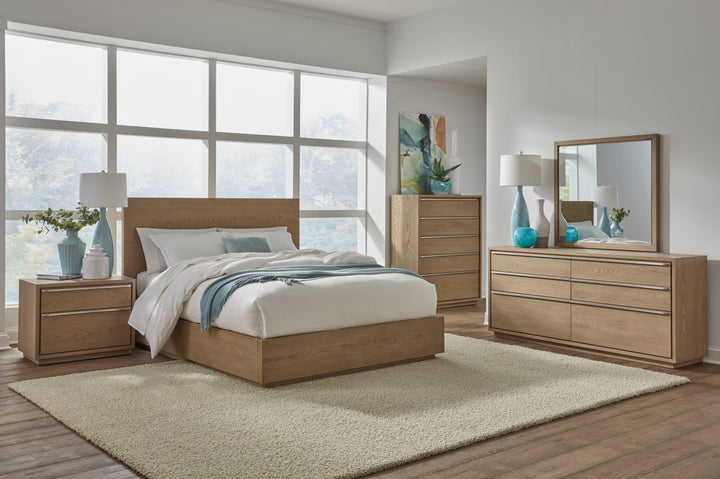 One Coastal Two Drawer USB-Charging Nightstand in Bisque — in a bedroom setting