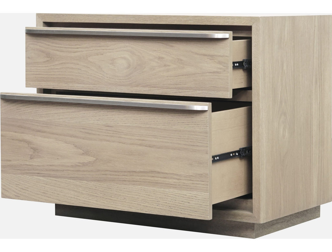 One Coastal Two Drawer USB-Charging Nightstand in Bisque — with drawers open