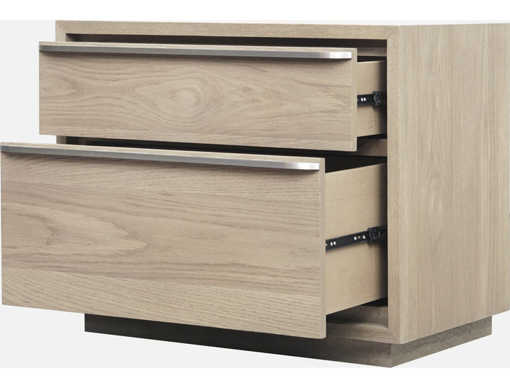 One Coastal Two Drawer USB-Charging Nightstand in Bisque — with drawers open