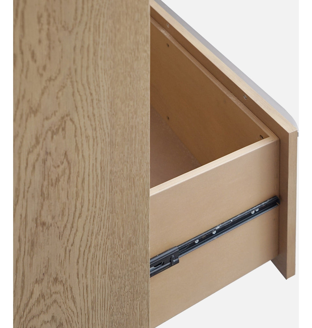 One Coastal Two Drawer USB-Charging Nightstand in Bisque — with drawers open