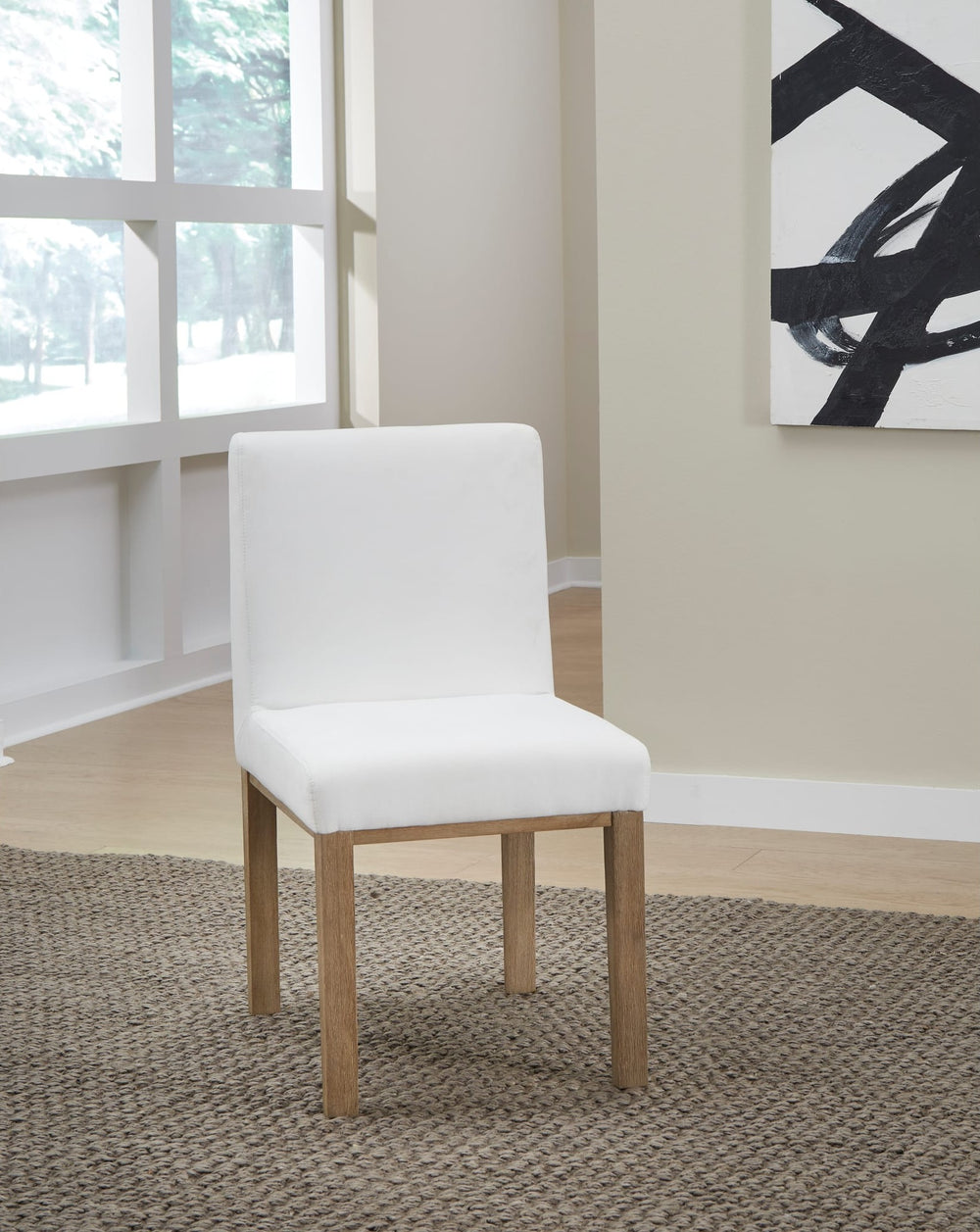 One Coastal Upholstered Dining Side Chair in White Pearl and Bisque — lifestyle photo