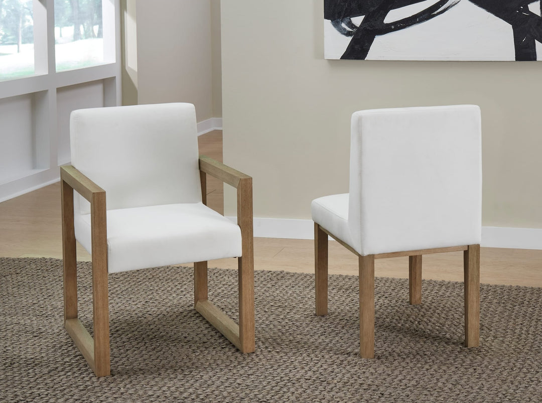 One Coastal Upholstered Dining Side Chair in White Pearl and Bisque — lifestyle photo
