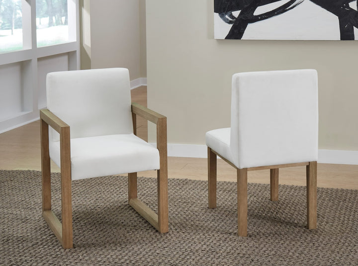 One Coastal Upholstered Dining Side Chair in White Pearl and Bisque — lifestyle photo