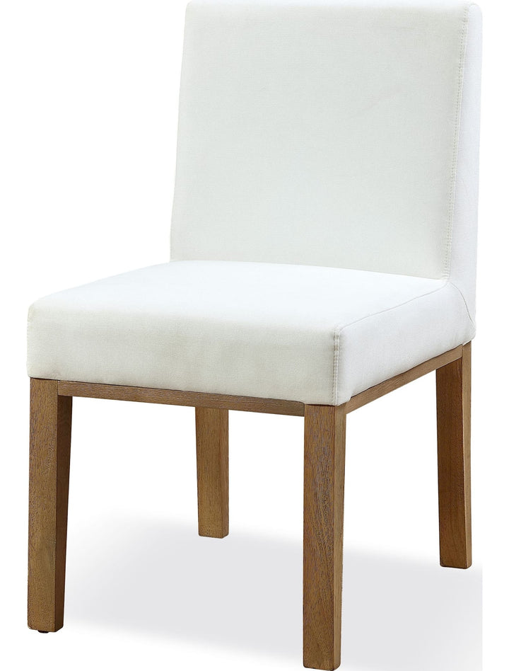 One Coastal Upholstered Dining Side Chair in White Pearl and Bisque — product view on a white background