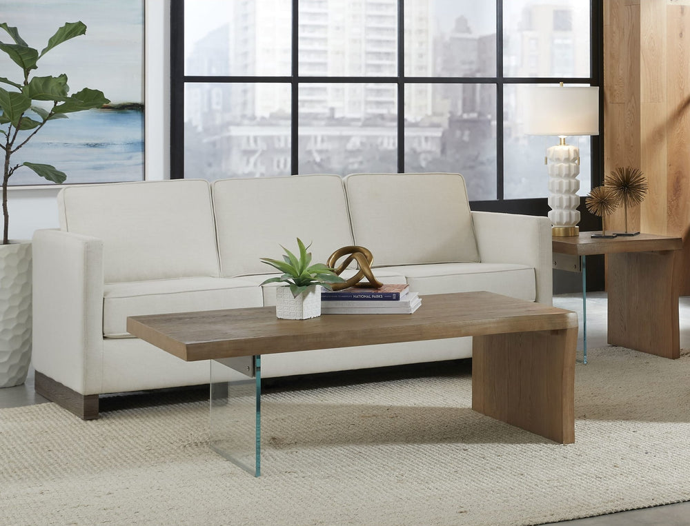 One Live Edge White Oak and Glass Coffee Table in Bisque — lifestyle photo