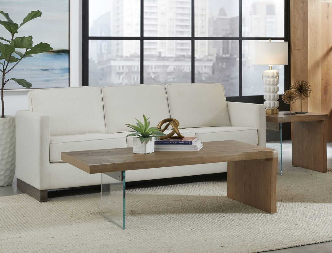 One Live Edge White Oak and Glass Coffee Table in Bisque — lifestyle photo