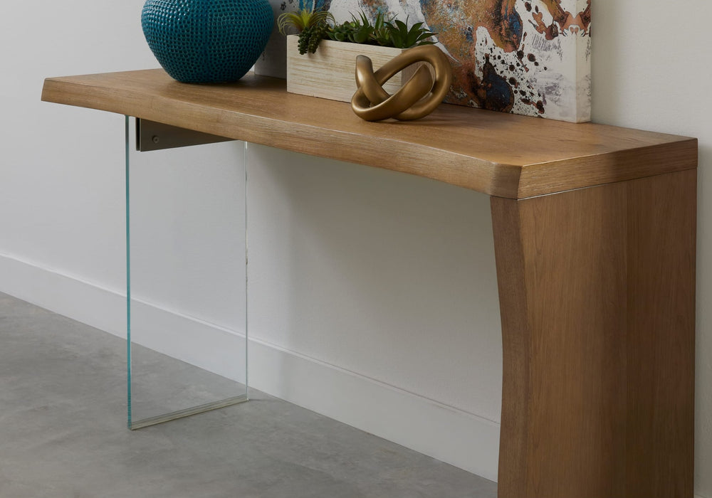 One Live Edge White Oak and Glass Console Table in Bisque — lifestyle photo