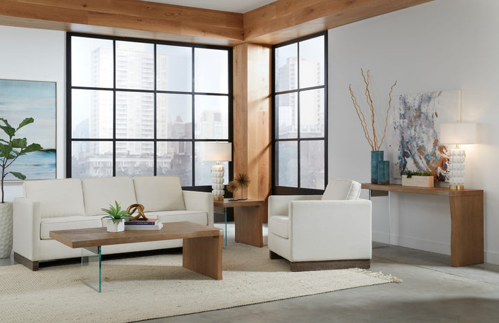 One Live Edge White Oak and Glass Console Table in Bisque — lifestyle photo