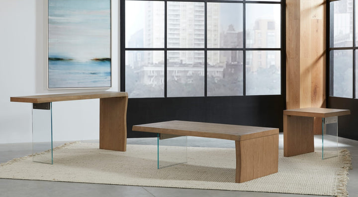 One Live Edge White Oak and Glass Console Table in Bisque — lifestyle photo