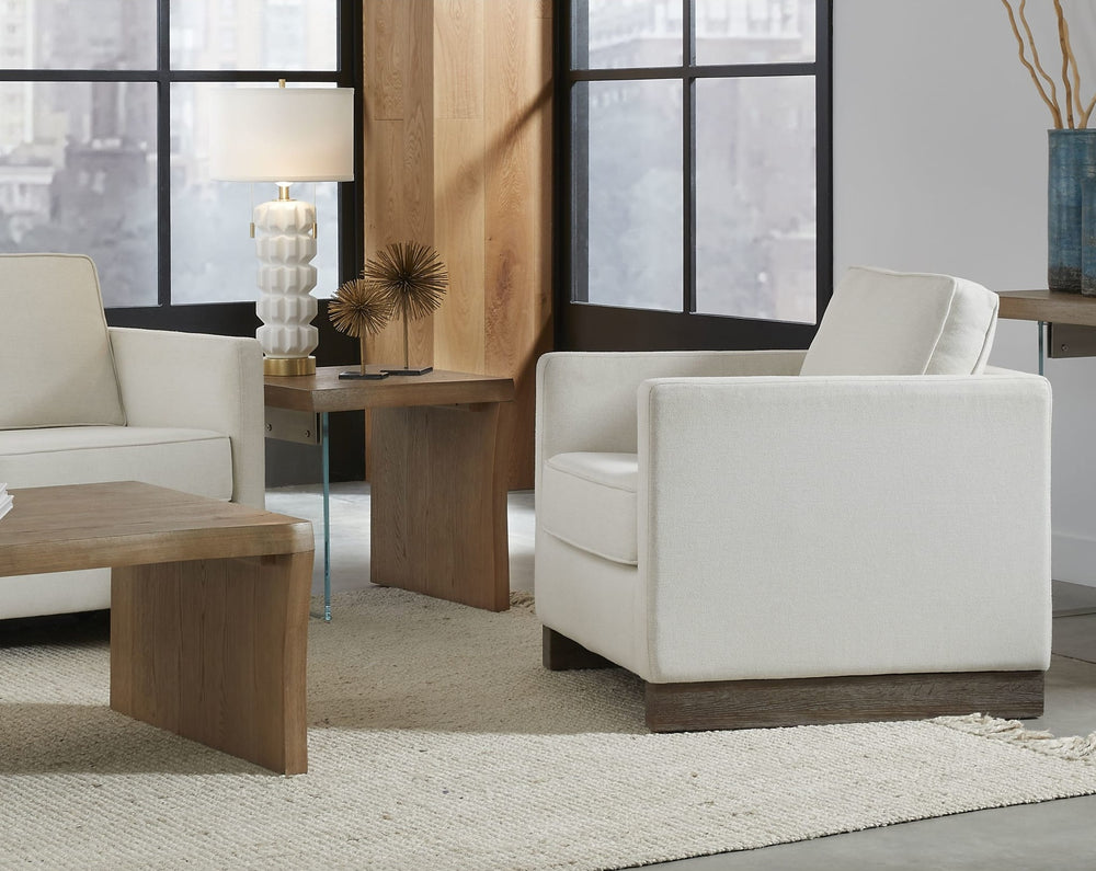 One Live Edge White Oak and Glass End Table in Bisque — lifestyle photo