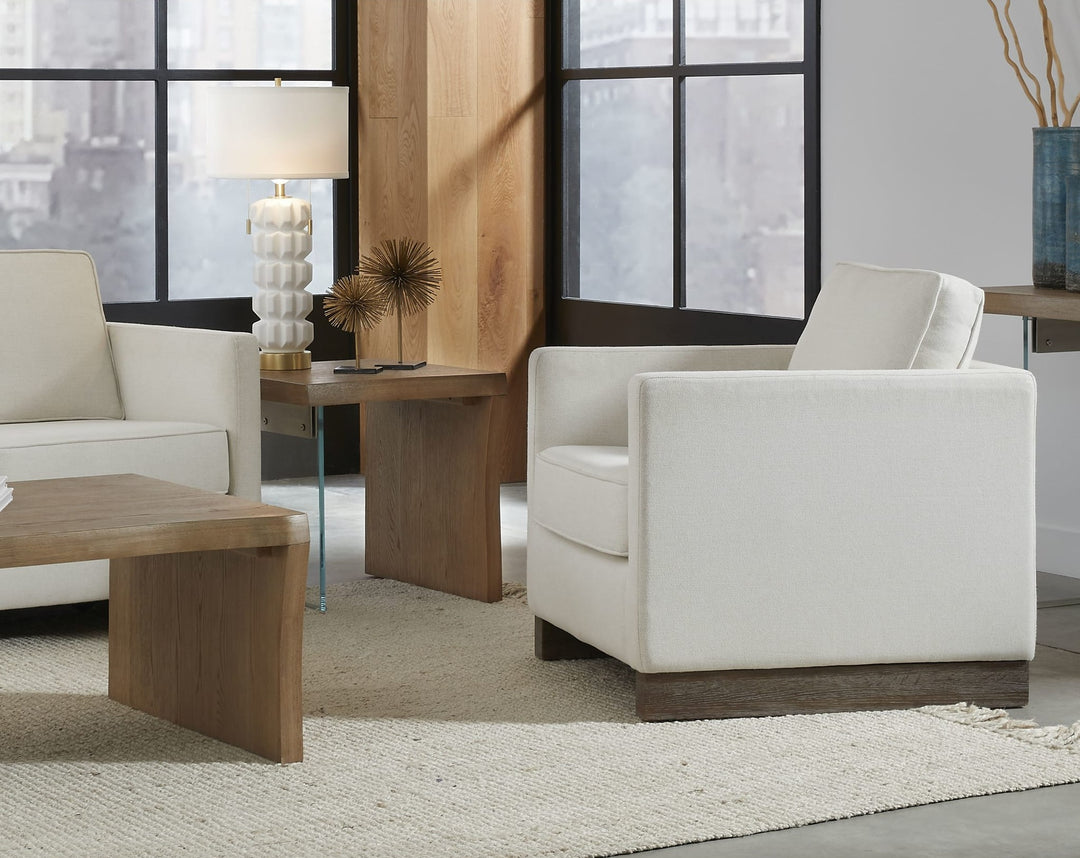 One Live Edge White Oak and Glass End Table in Bisque — lifestyle photo