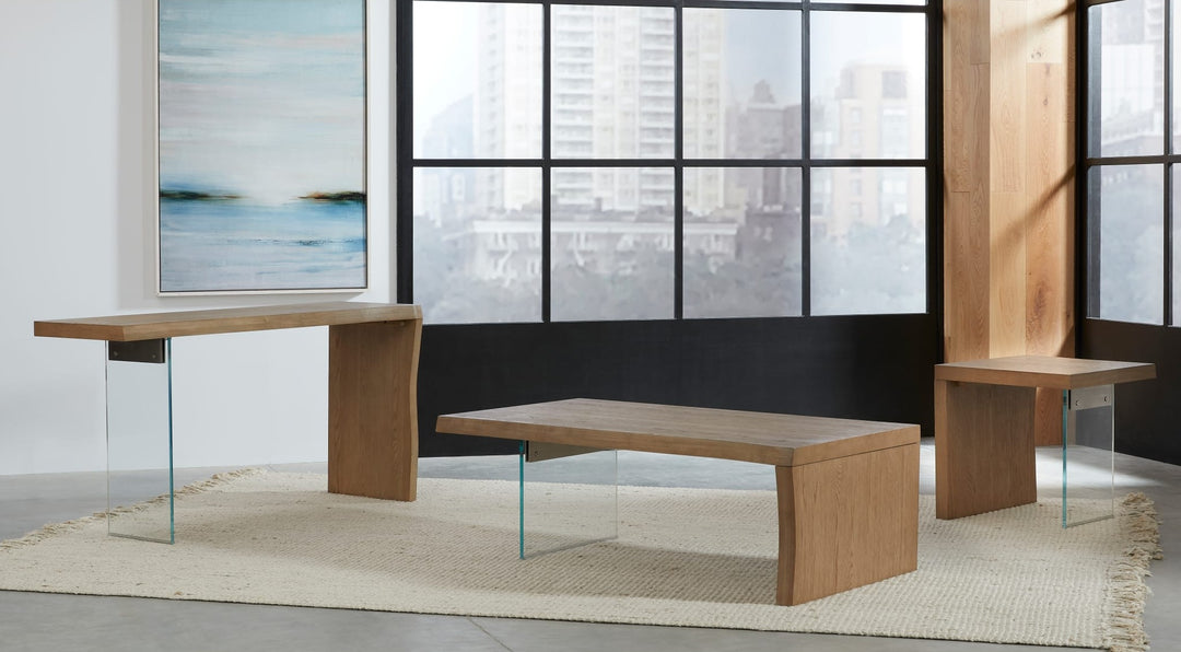One Live Edge White Oak and Glass End Table in Bisque — lifestyle photo