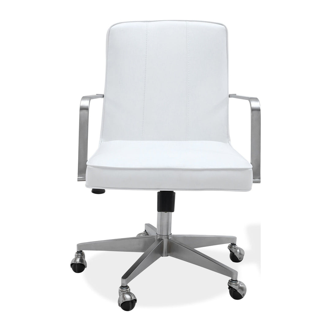 One Metal Frame Office Chair by Modus in Brushed Stainless Steel and White Leather — product view on a white background