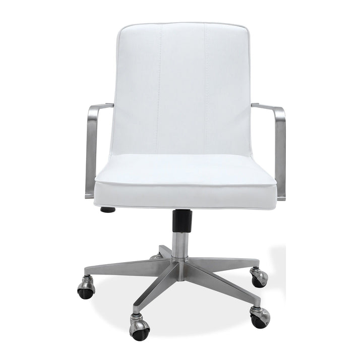 One Metal Frame Office Chair by Modus in Brushed Stainless Steel and White Leather — product view on a white background