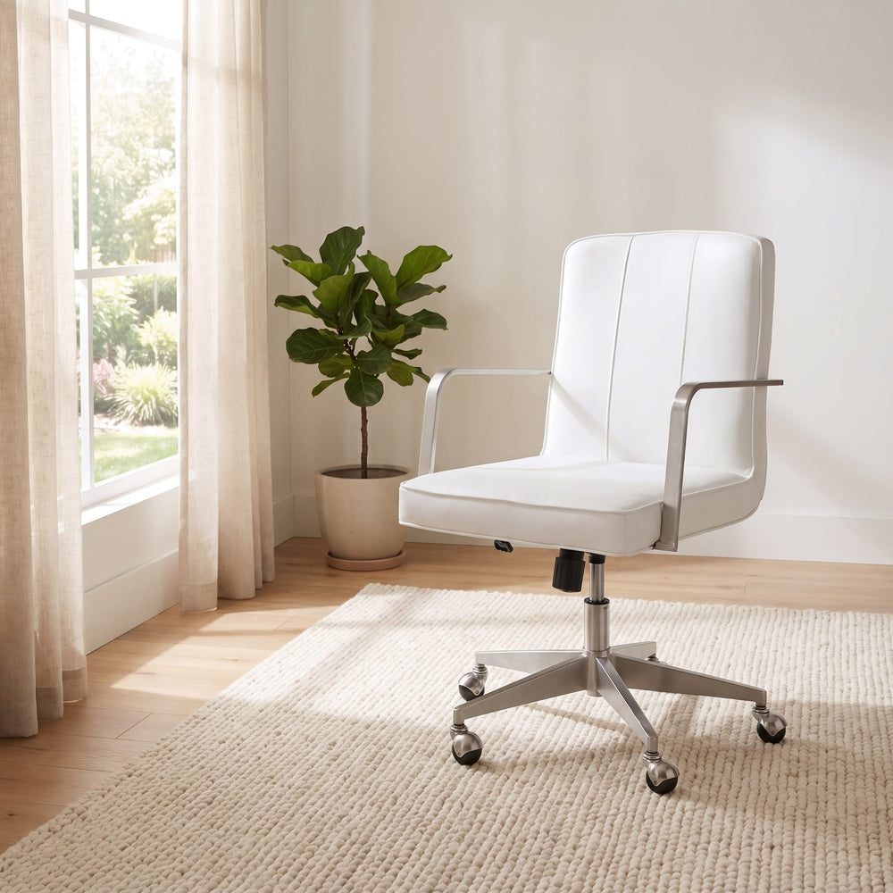 One Metal Frame Office Chair in Brushed Stainless Steel and White Leather — lifestyle photo