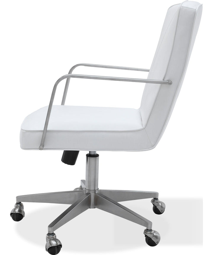 One Metal Frame Office Chair in Brushed Stainless Steel and White Leather — product view on a white background