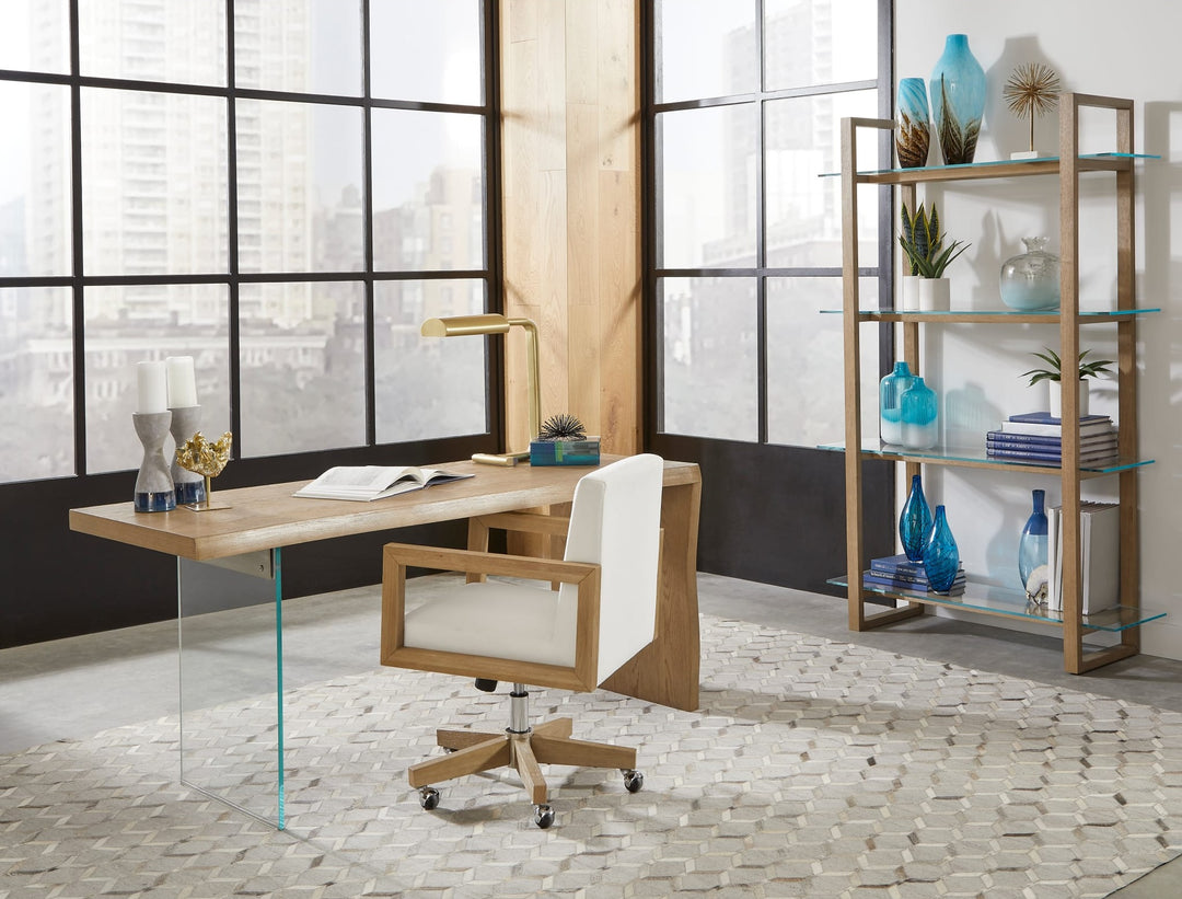 One Modern Coastal Glass Shelf Bookcase in Bisque — lifestyle photo