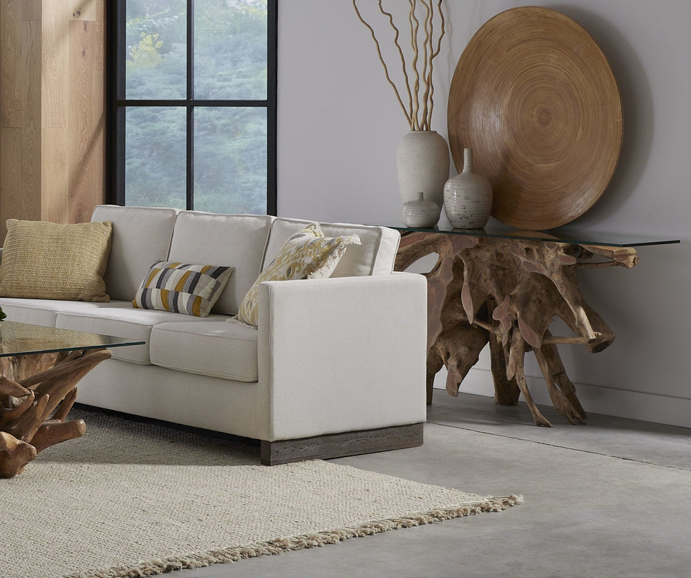 One Solid Teak Root Glass Top Console Table in Teak Root and Glass — lifestyle photo