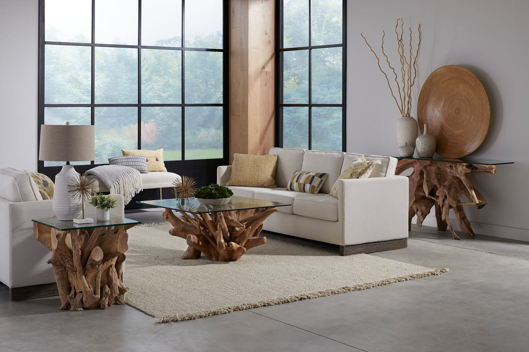 One Solid Teak Root Glass Top Console Table in Teak Root and Glass — lifestyle photo