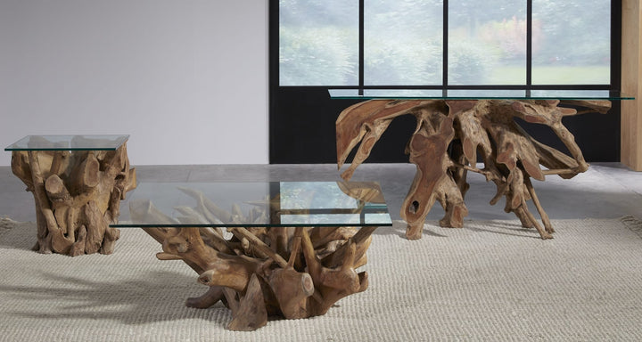 One Solid Teak Root Glass Top Console Table in Teak Root and Glass — lifestyle photo