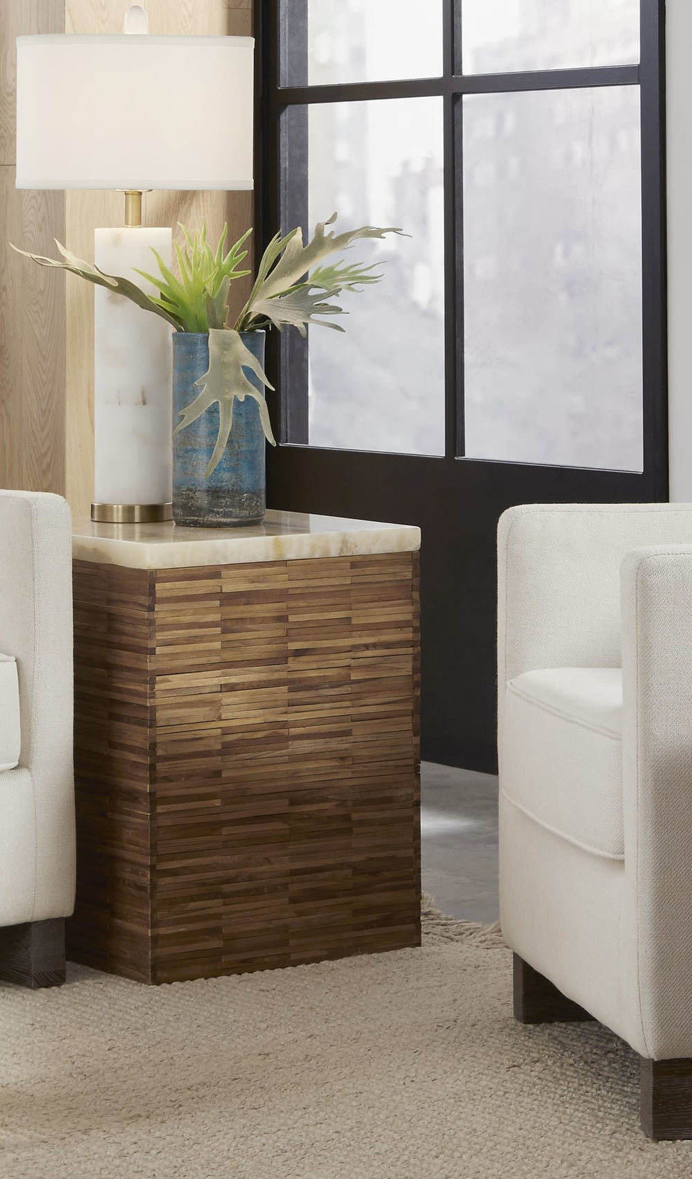 One Stone and Wood Tile End Table in Onyx and Solid Teak — lifestyle photo