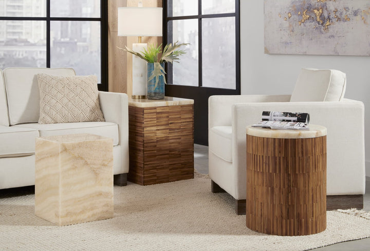 One Stone and Wood Tile End Table in Onyx and Solid Teak — lifestyle photo