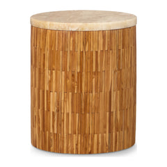 One Stone and Wood Tile Round End Table by Modus in Onyx and Solid Teak — product view on a white background