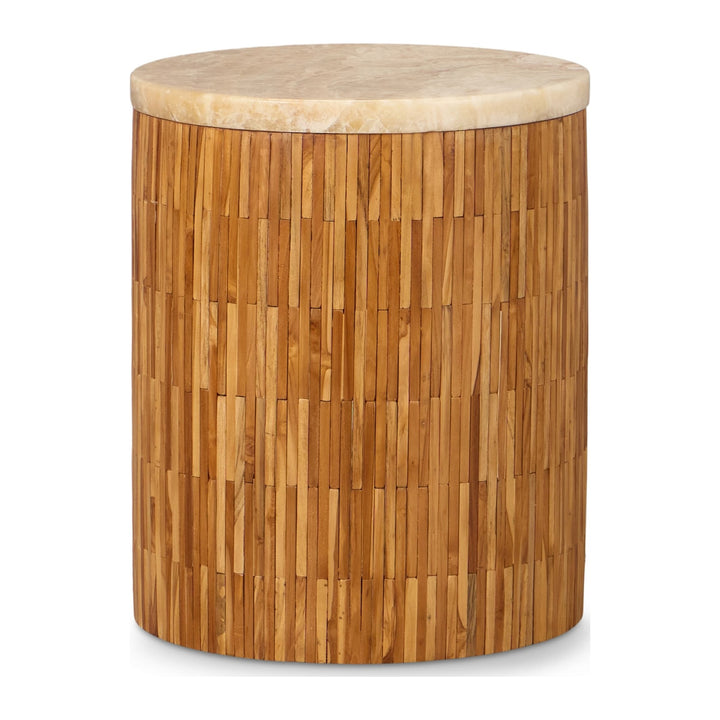 One Stone and Wood Tile Round End Table by Modus in Onyx and Solid Teak — product view on a white background
