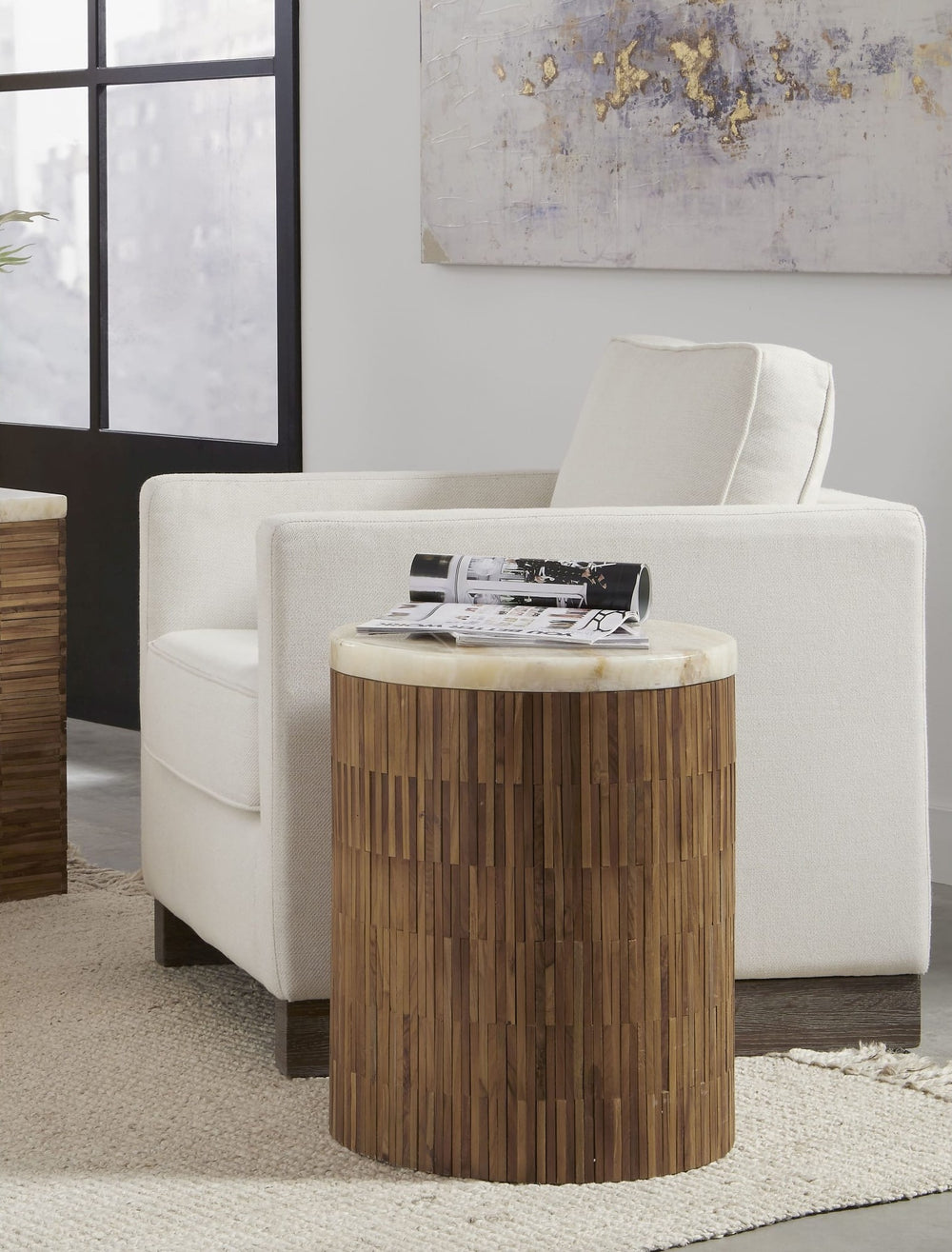One Stone and Wood Tile Round End Table in Onyx and Solid Teak — lifestyle photo
