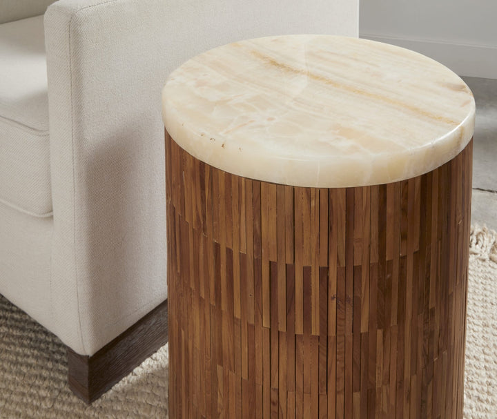 One Stone and Wood Tile Round End Table in Onyx and Solid Teak — lifestyle photo