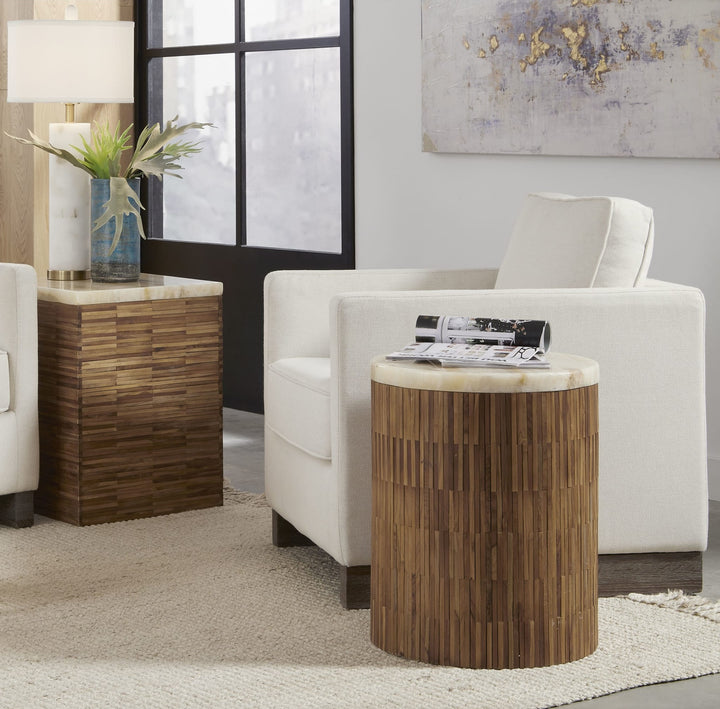 One Stone and Wood Tile Round End Table in Onyx and Solid Teak — lifestyle photo