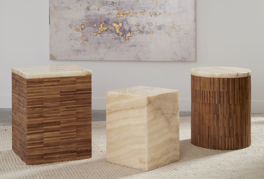 One Stone and Wood Tile Round End Table in Onyx and Solid Teak — lifestyle photo