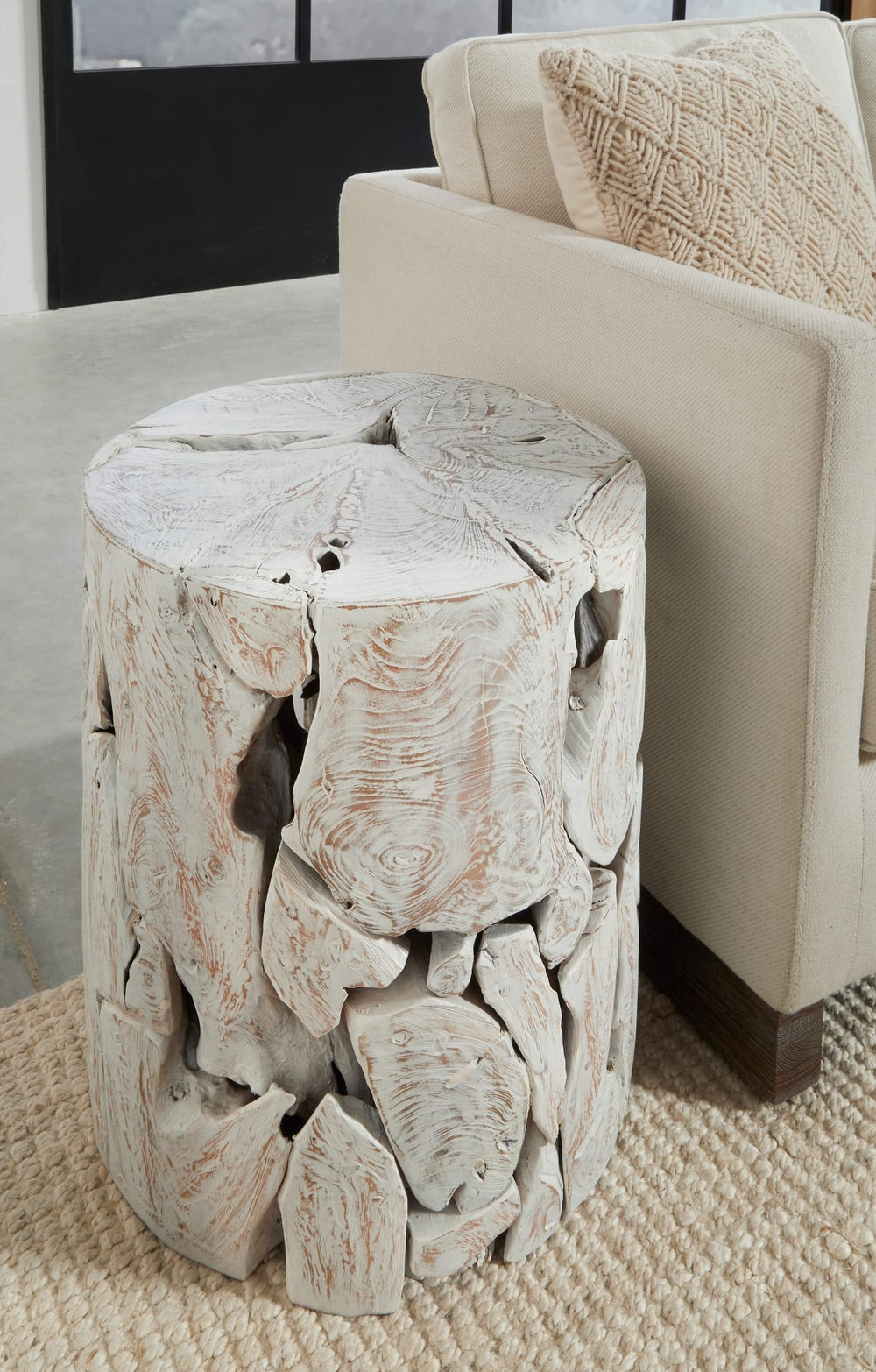 One Teak Slice Round End Table in Bleached Teak — lifestyle photo